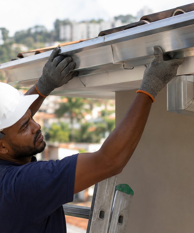 Profissional instalando calha metálica em residência de Belo Horizonte